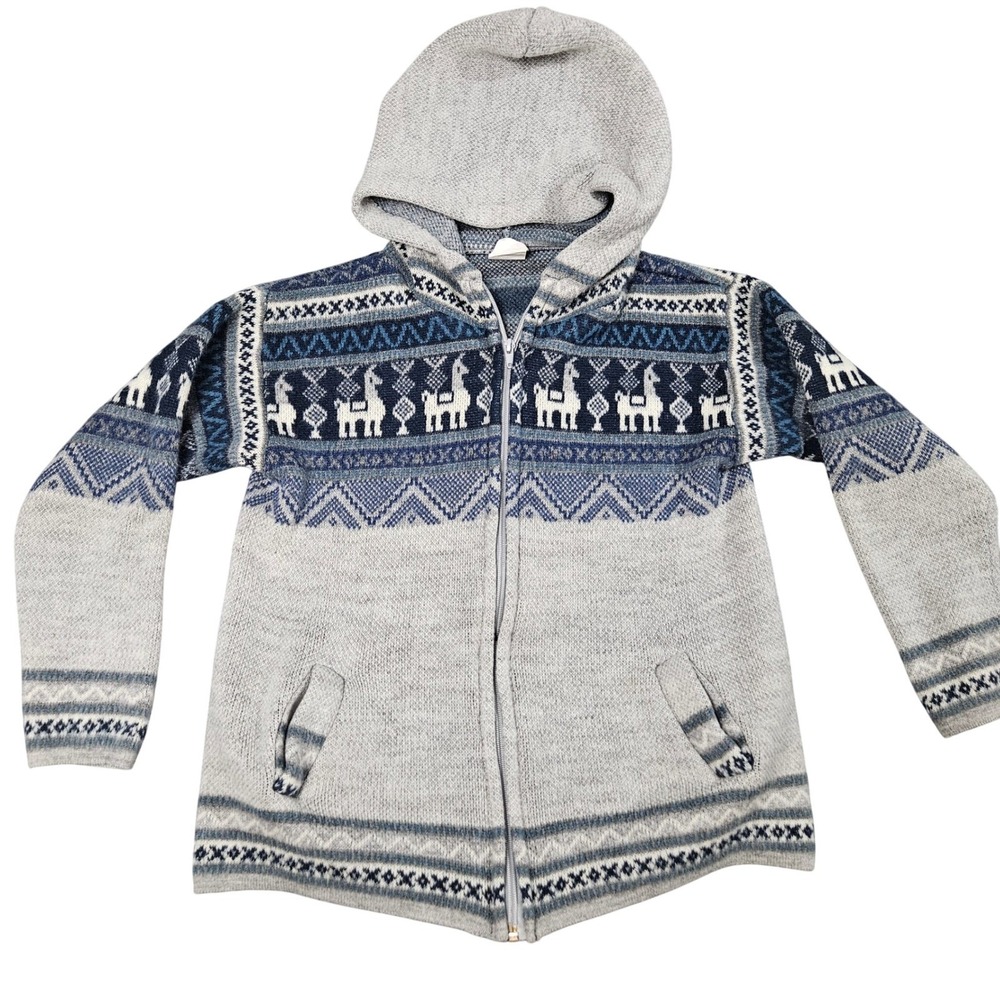 Artesanias Tuntaquimba Wool Zip Hoodie Sweater Llama Pattern Made in Ecuador